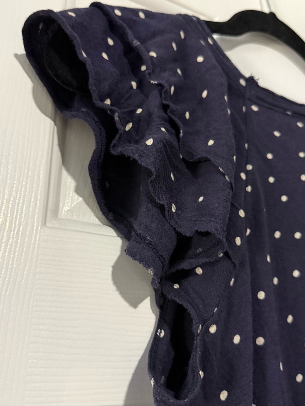 Anthropologie Navy Polka Dot Ruffle-Sleeved Tee - Picture 5 of 5